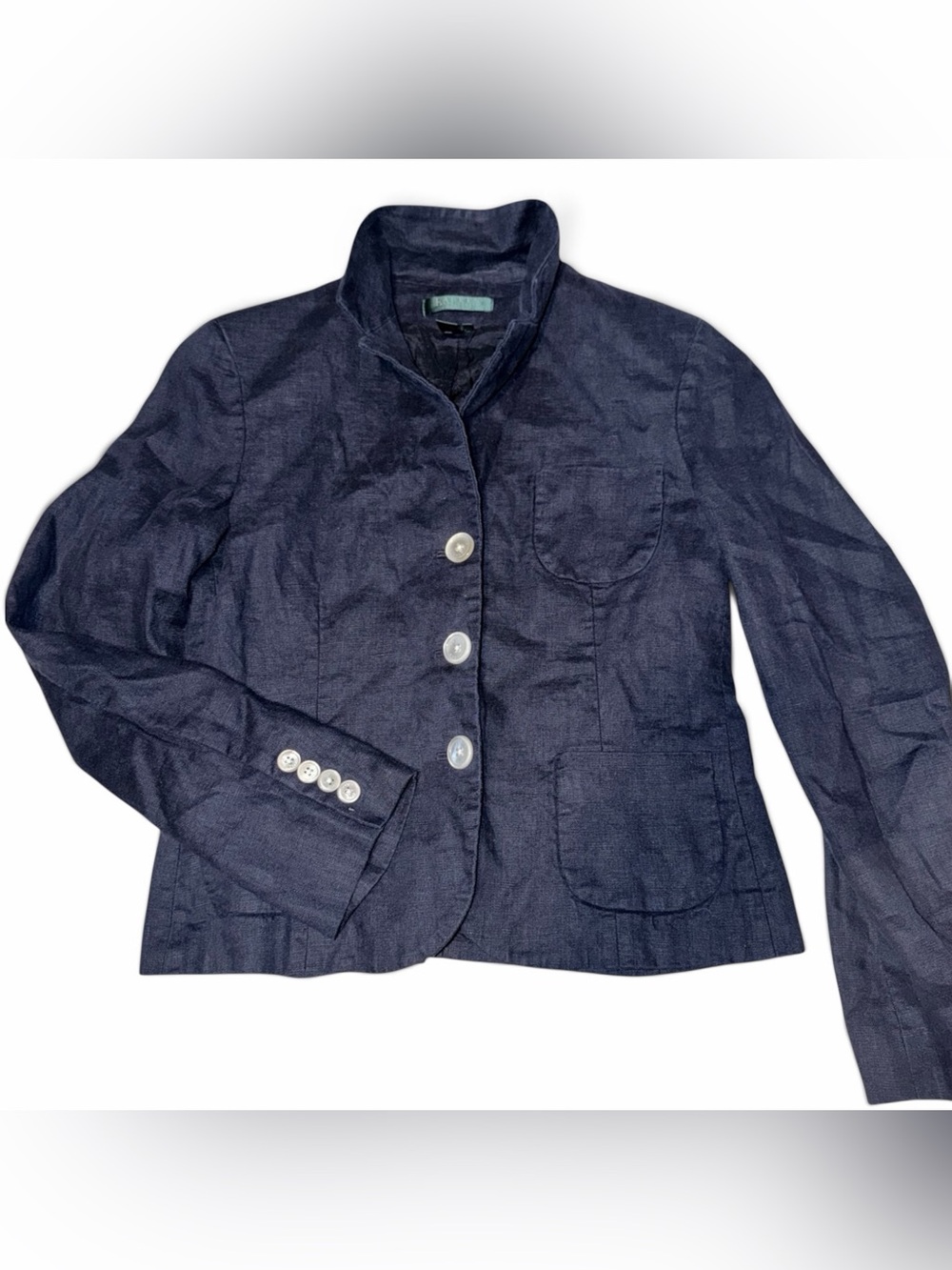 Ralph Lauren Navy Button-Front Linen Blazer
